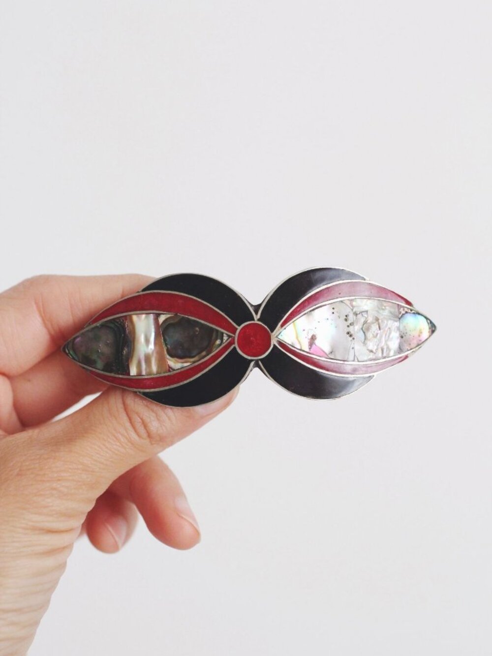 Vintage Alpaca Silver Hair Barrette Mexico Abalone Shell Mother Of Pearl MOP Ena